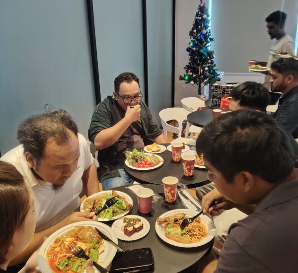 team digging into their food